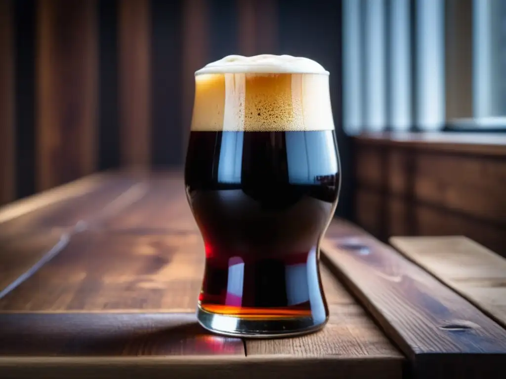 Cerveza Porter Londinense: Vaso con cerveza oscura, espuma cremosa y elementos clave