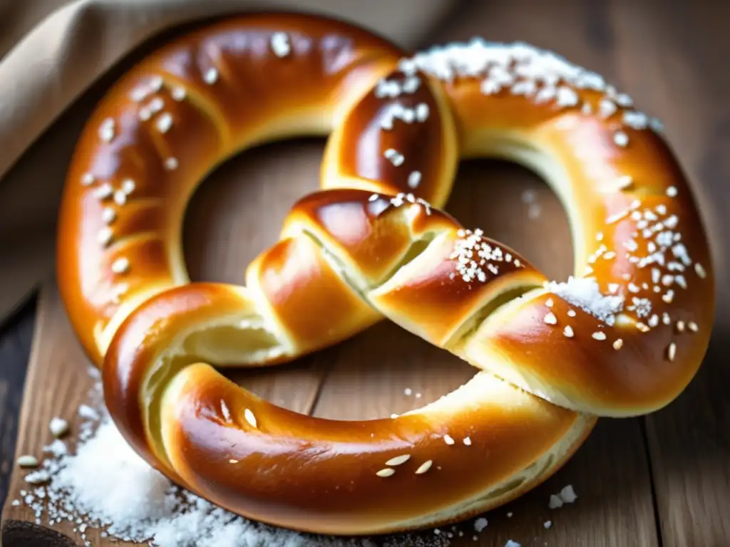 Delicioso pretzel alemán recién horneado con una corteza dorada y cristales de sal gruesa, en tabla de madera rústica