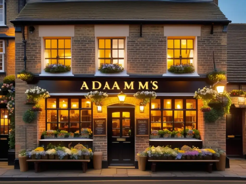 Imagen de un acogedor pub inglés tradicional con una atmosfera cálida y luces doradas