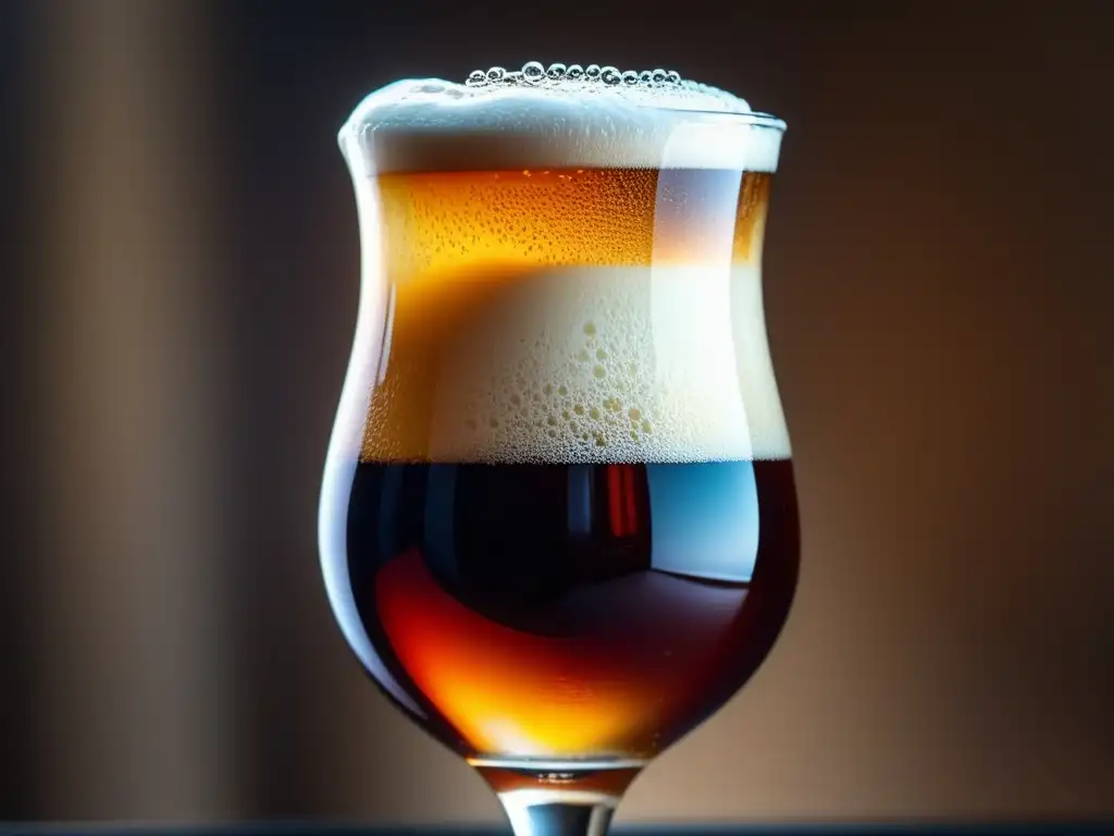 Quadrupel cerveza ámbar con espuma cremosa, burbujas efervescentes y detalles elegantes