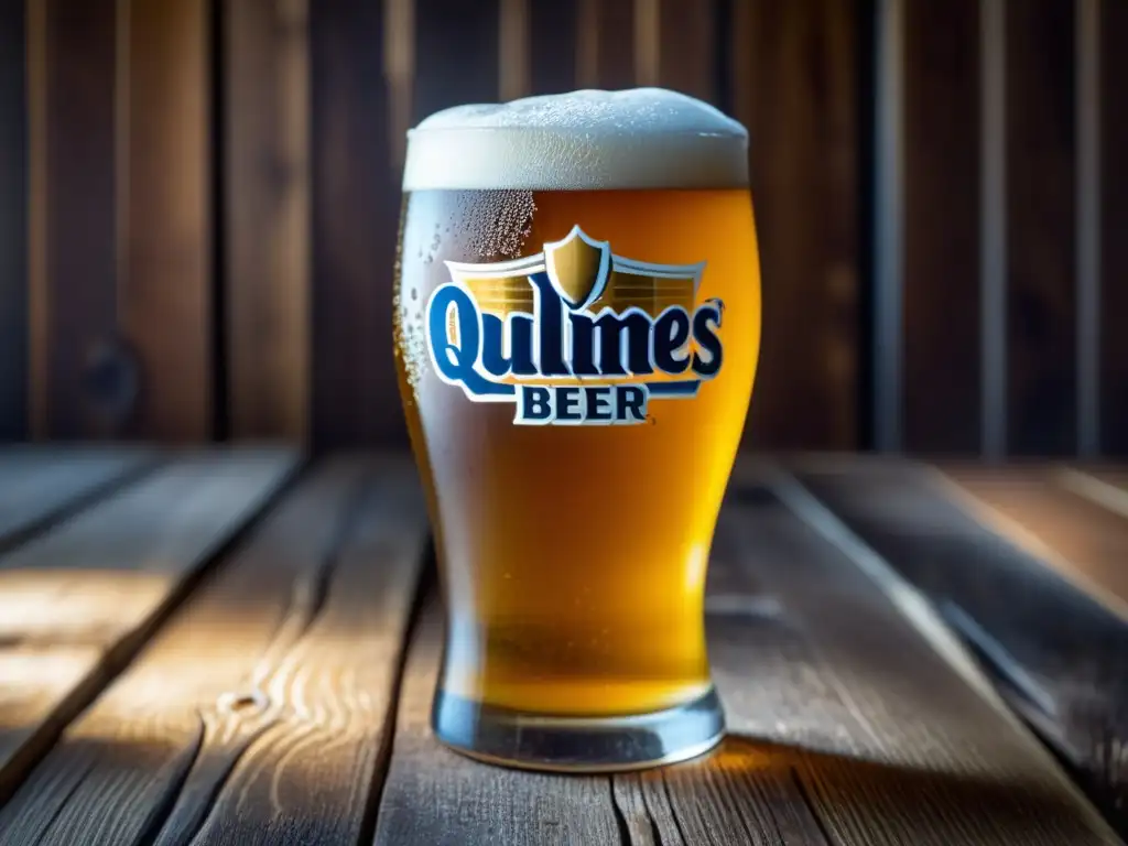 Cerveza Quilmes: Imagen impresionante de una cerveza dorada en vaso helado, resaltando su color ámbar y espuma cremosa