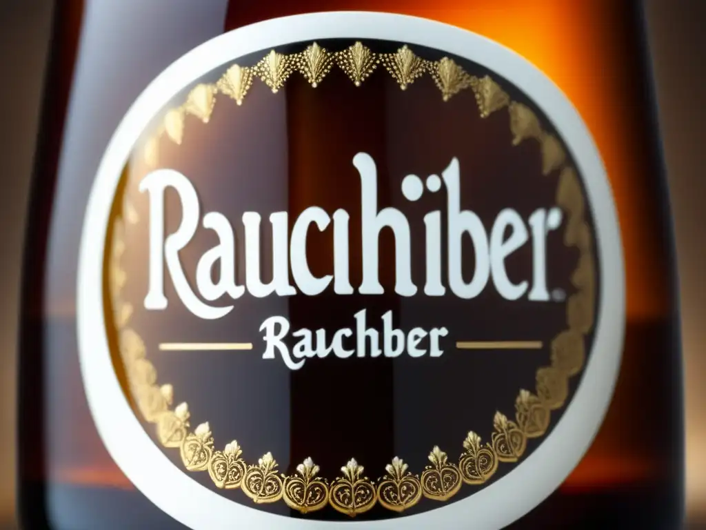 Cerveza Rauchbier en vaso - Vaso de Rauchbier ámbar con espuma blanca, sostenido delicadamente por una mano, detalles realistas, burbujas y etiqueta visible