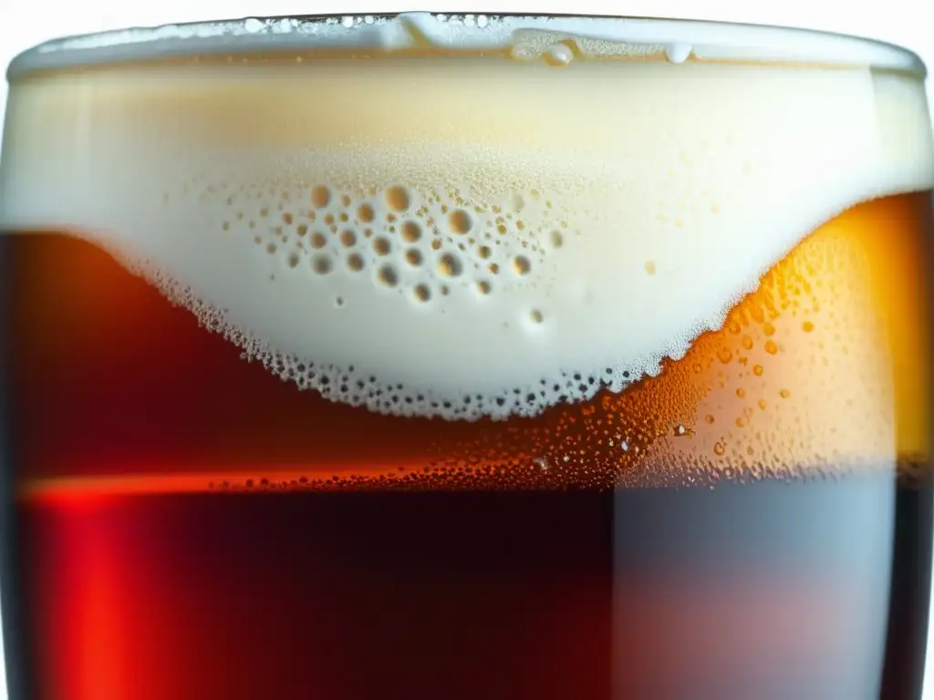 Cerveza Red Ale: closeup con espuma cremosa, color ámbar profundo, claridad excepcional y condensación