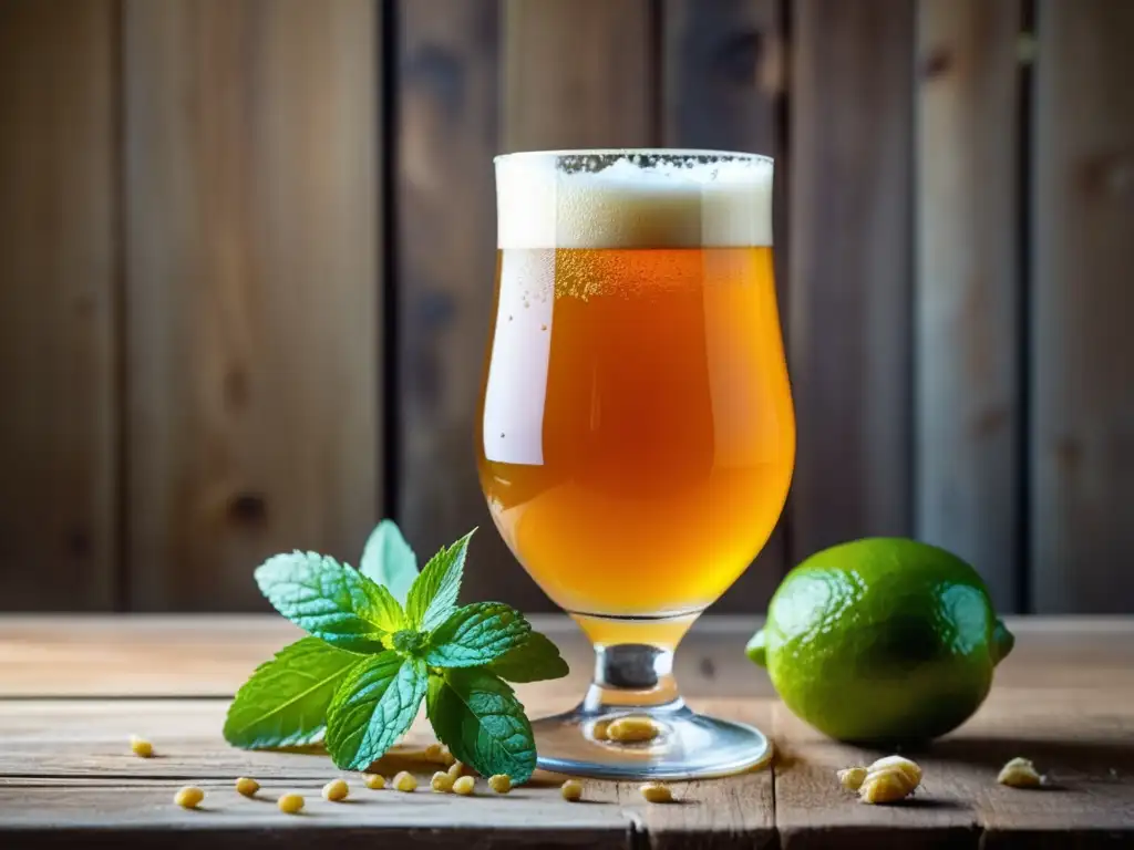 Cerveza Sour Ale dorada con burbujas y adornos de lima y menta en una mesa rústica rodeada de lúpulos y granos de cebada