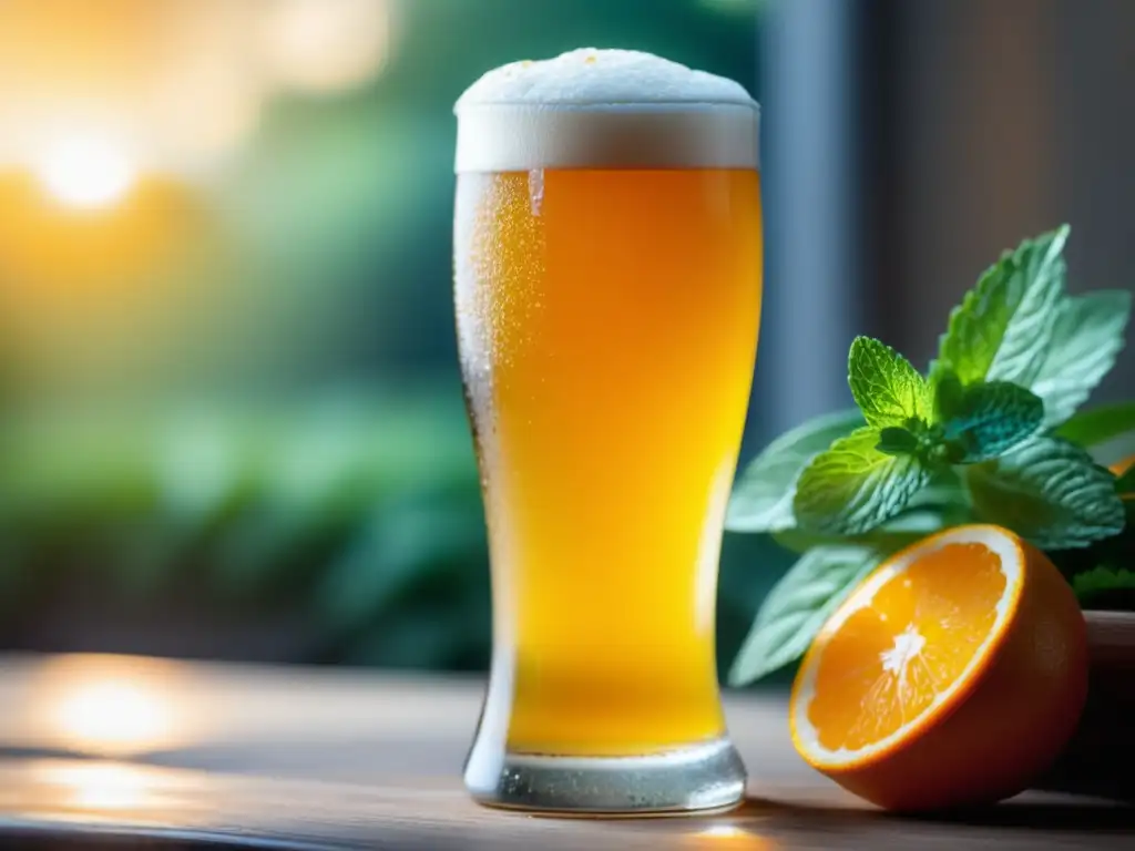 Cerveza trigo refrescante con naranja y menta, condensación en vaso, entorno sereno y elegante