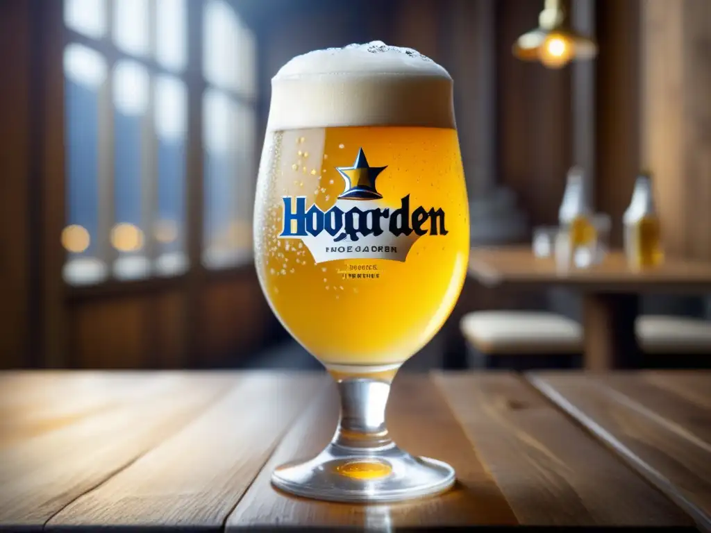 Cerveza Hoegaarden White en vaso de vidrio en mesa de madera con burbujas y rodaja de naranja