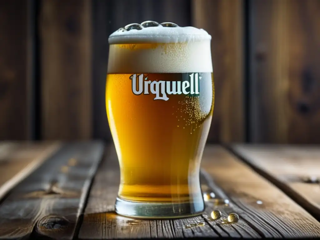 Una cerveza Pilsner Urquell dorada y refrescante con espuma cremosa, burbujas y condensación, en una mesa de madera rústica