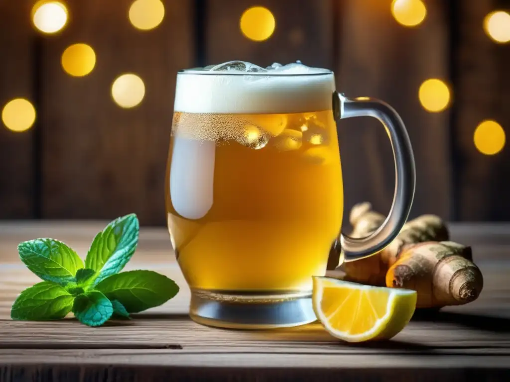 Cerveza de jengibre y cocina asiática: refrescante imagen de vaso dorado con espuma y hojas de menta, sobre mesa de madera rústica