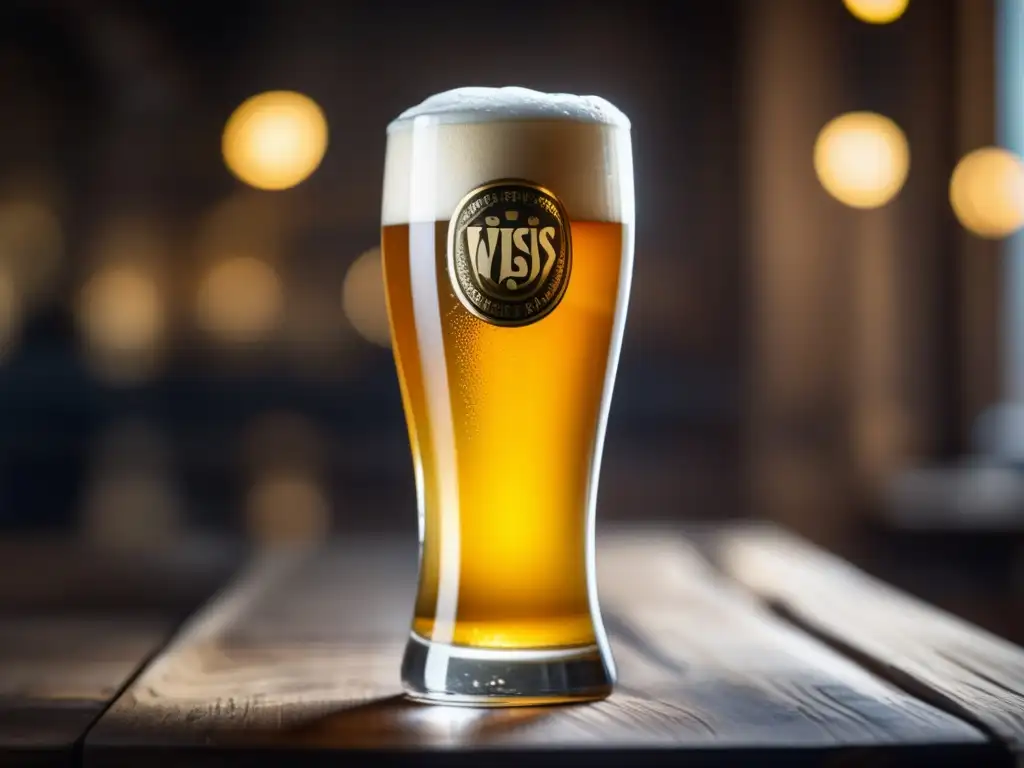 Cerveza Weissbier: imagen detallada de una cerveza dorada y carbonatada con espuma cremosa en una mesa de madera