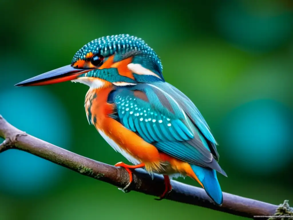 Detalle impresionante de un pájaro Martín Pescador en rama, plumaje azul y naranja vibrante destacan (110 caracteres)