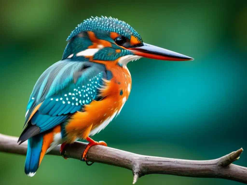 Magnífico Kingfisher con plumaje vibrante en detalle exquisito, resaltado por la luz suave y fondo verde