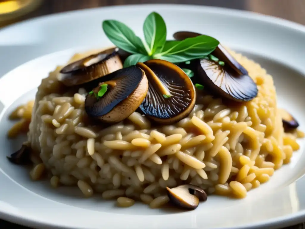 Risotto de setas y ale dorada: plato exquisito con arroz cremoso, champiñones sauté y reducción de ale dorada