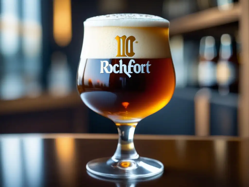 Cerveza Rochefort 10 Quadrupel con aspecto rico y tentador, espuma cremosa, burbujas elegantes, textura suave y lujosa