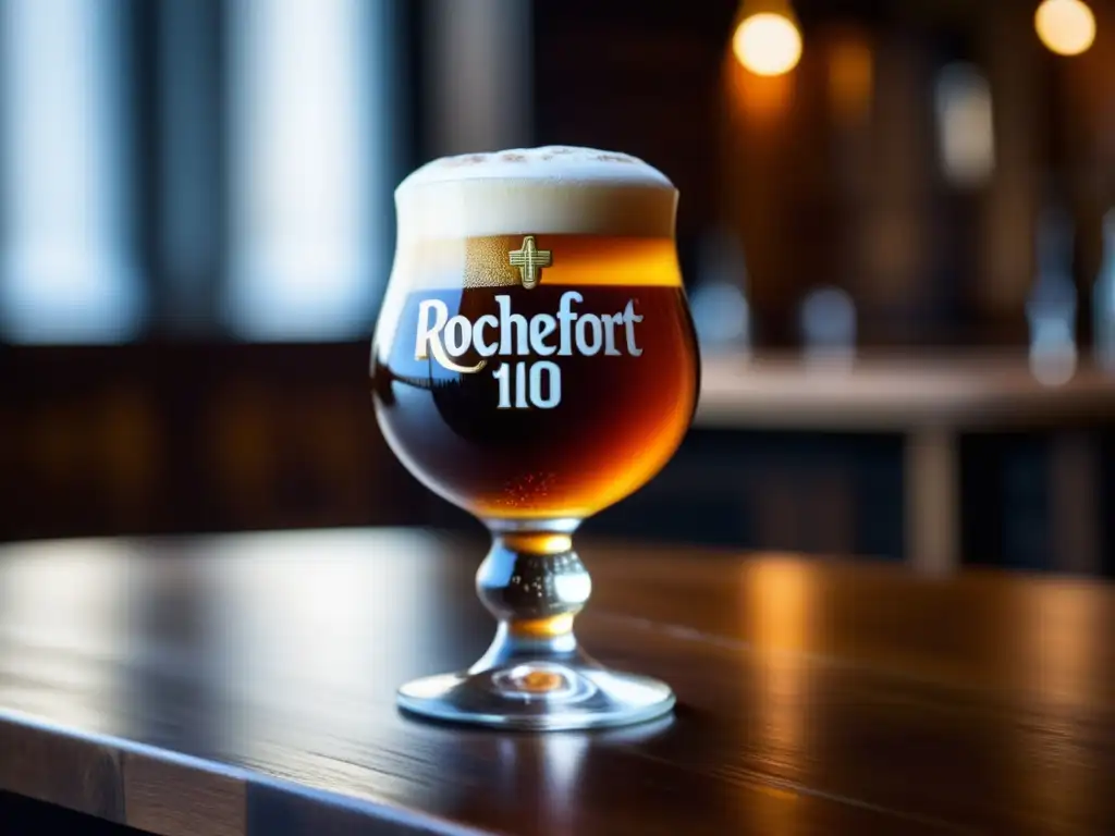 Cerveza Rochefort 10 Quadrupel, vidrio detallado con espuma cremosa y color ámbar