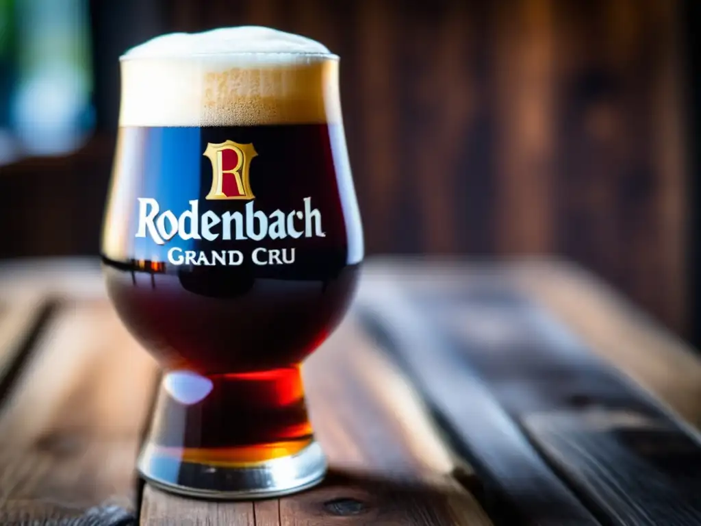 Cerveza Rodenbach Grand Cru, una Flanders Red Ale, en mesa de madera rústica