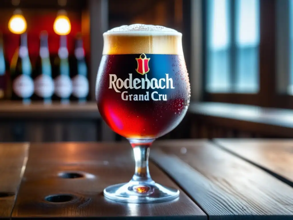 Cerveza Rodenbach Grand Cru, Flanders Red Ale con tono rojo intenso, elegante en mesa de madera rustica