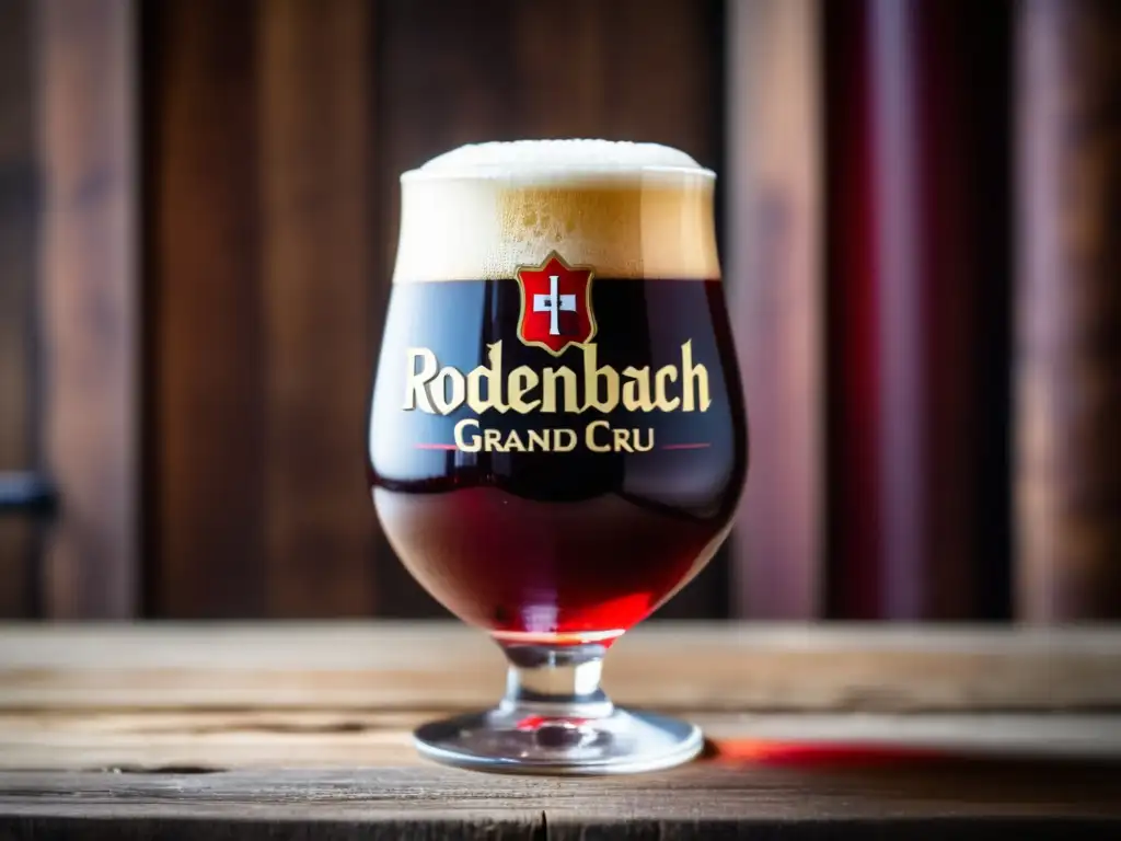 Vaso de Rodenbach Grand Cru, cerveza roja rubí con espuma blanca