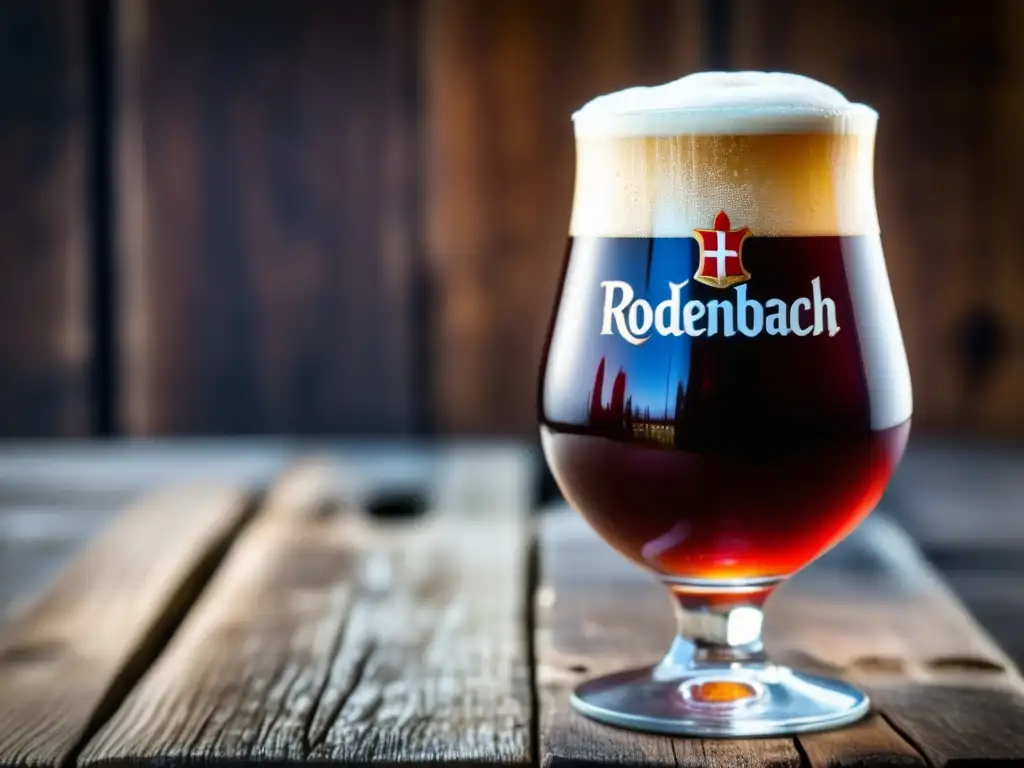 Una cerveza Rodenbach Grand Cru, una Flanders Red Ale, en una mesa de madera rústica