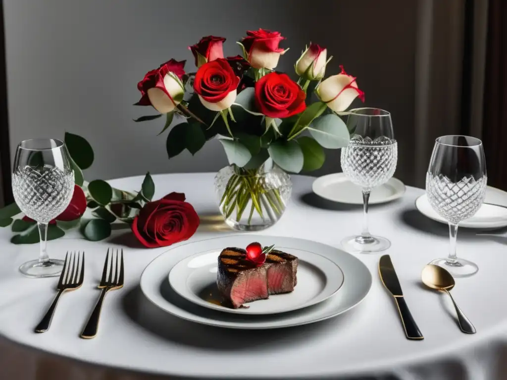 Cena romántica con armonías gastronómicas: mesa elegante, vajilla, flores, platos y vinos exquisitos