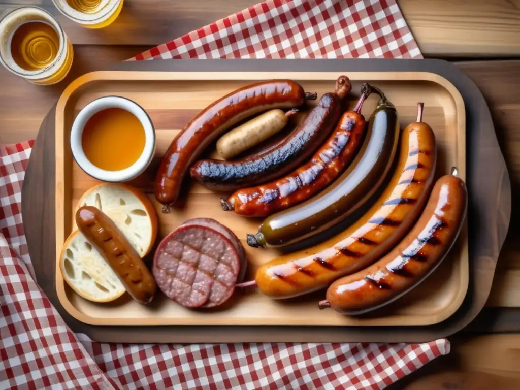 Tabla rústica con cerveza Marzen y salchichas a la parrilla -