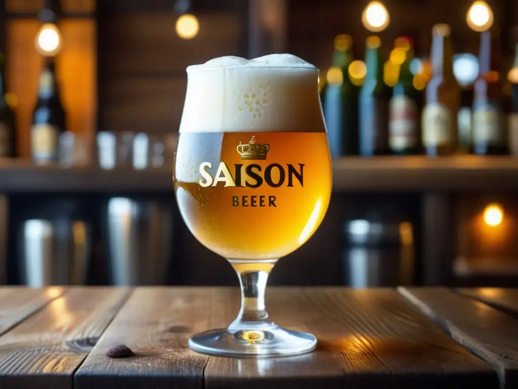 Saisons y Fermentos: Cerveza saison dorada con espuma abundante y platos gourmet en mesa de madera