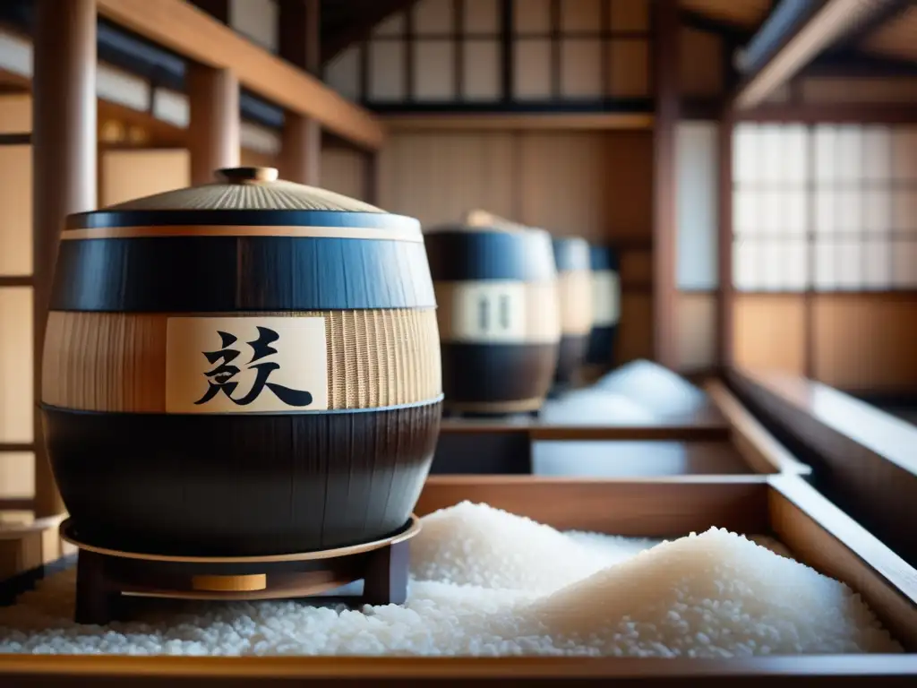 Bodega japonesa de sake: proceso detallado de elaboración, barriles de madera, arroz al vapor y artesanos expertos