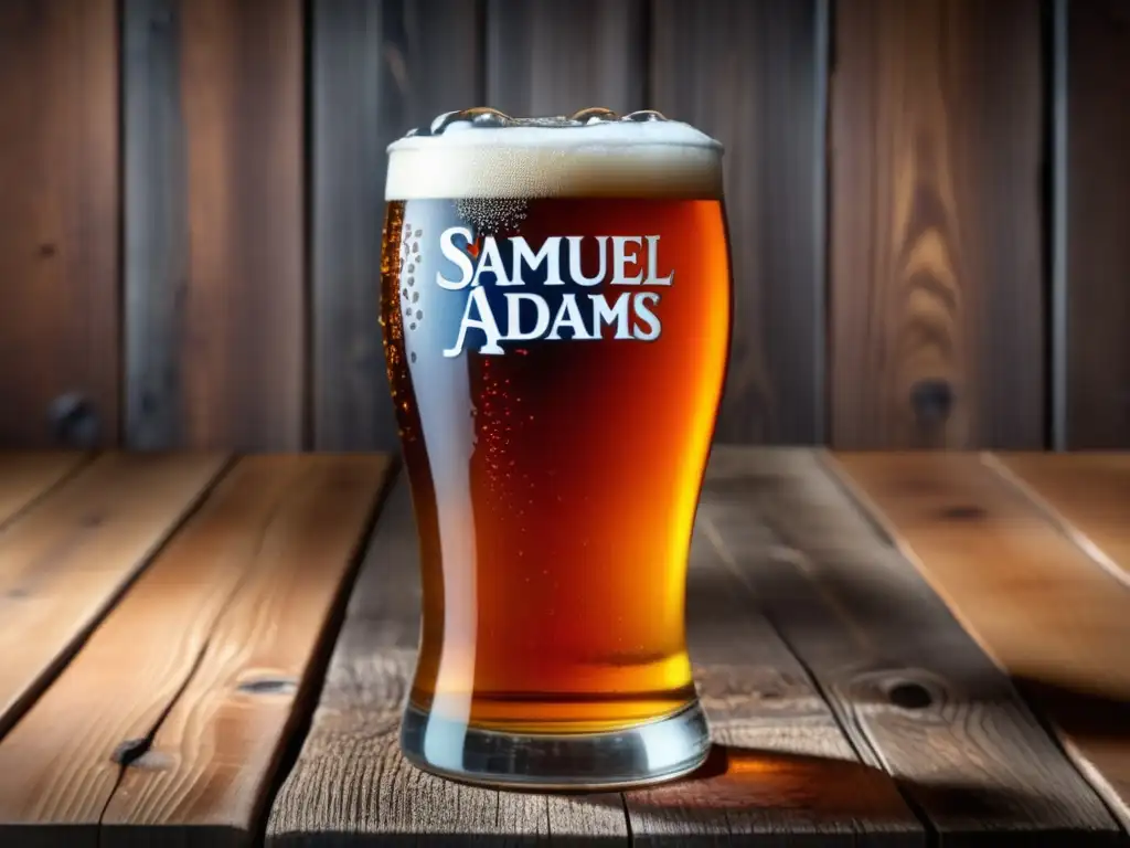 Cerveza Samuel Adams Boston Lager en vaso de vidrio en mesa de madera rústica, con burbujas y condensación