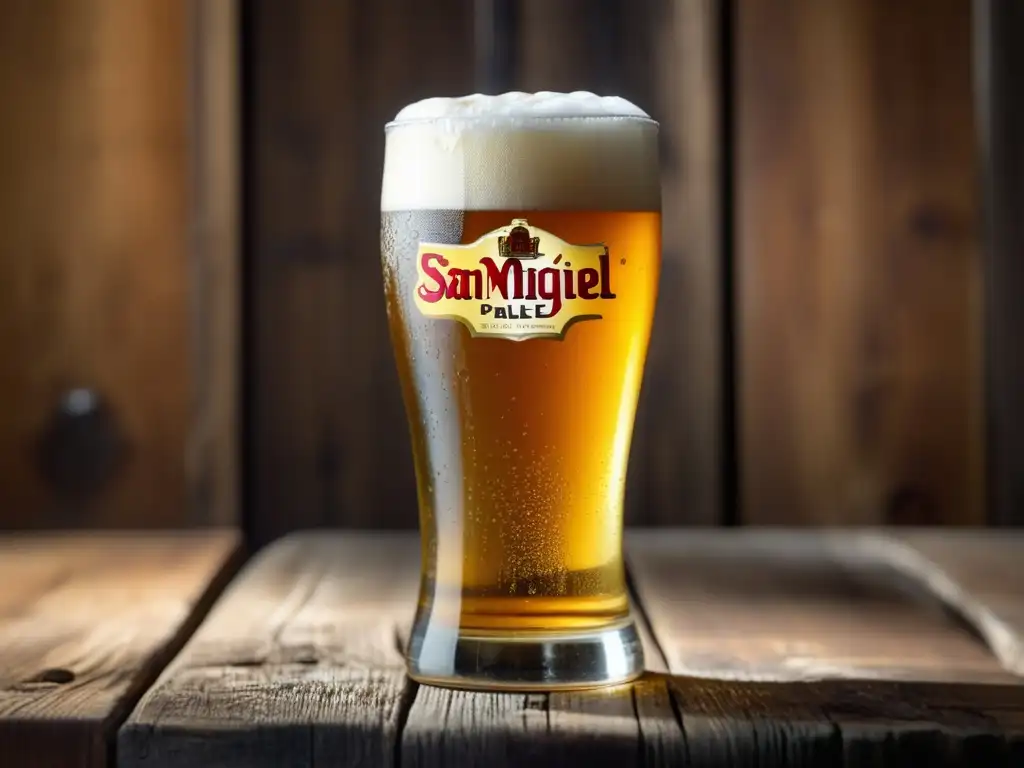 Imagen detallada: vaso de San Miguel Pale Pilsen en mesa rústica con cerveza dorada y espuma cremosa