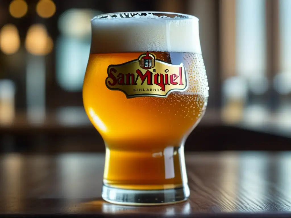 Cerveza San Miguel Pale Pilsen en vaso de cristal con delicada espuma dorada