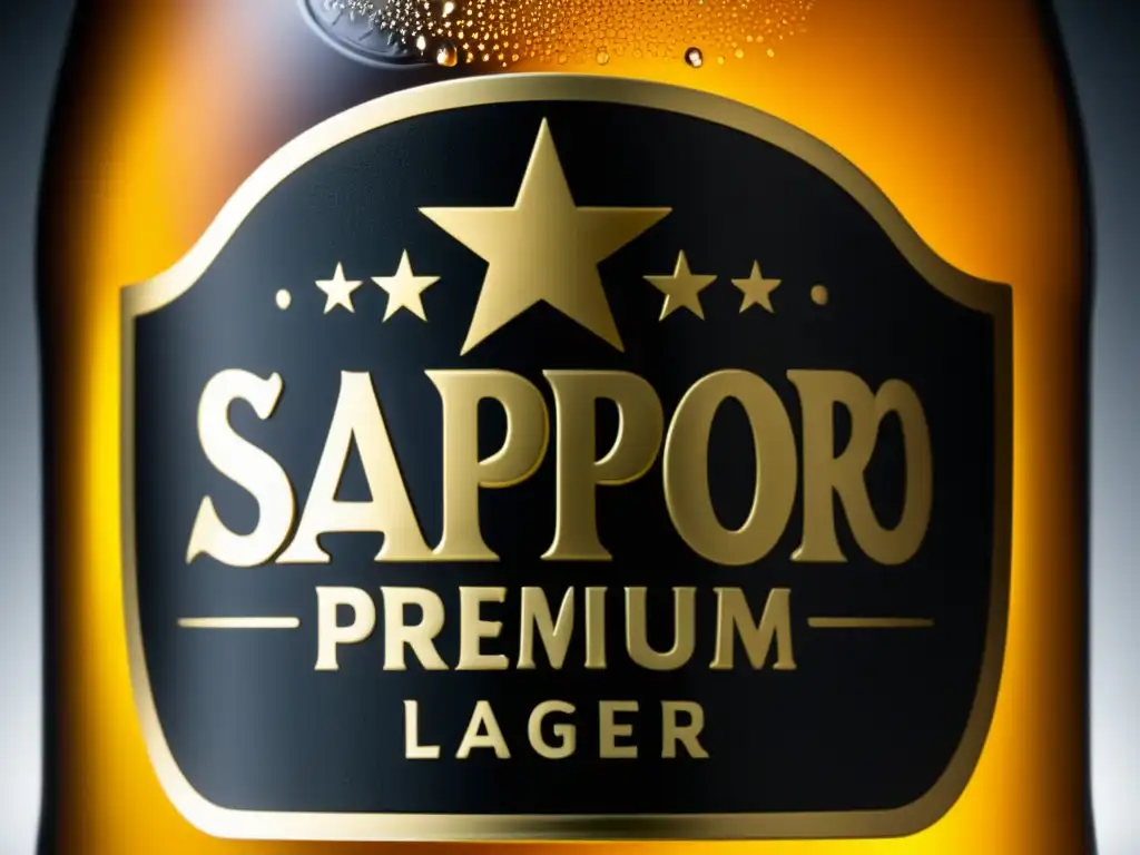 Botella de cerveza Sapporo Premium Lager con condensación y etiqueta dorada destacada