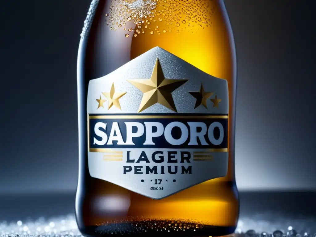 Botella de Sapporo Premium Lager con condensación y elegante acabado mate, evoca sofisticación y sabor refrescante