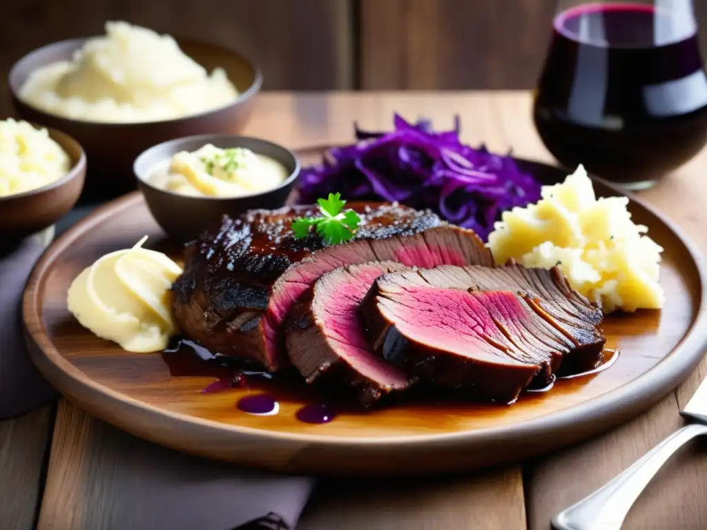 Delicioso plato de Sauerbraten, un clásico asado alemán, con carne tierna, puré de papas y col roja - Gose