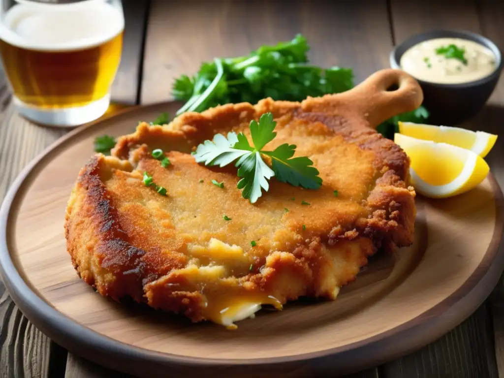 Plato tradicional austriaco de Wiener Schnitzel con cerveza Lager dorada y paisaje alpino