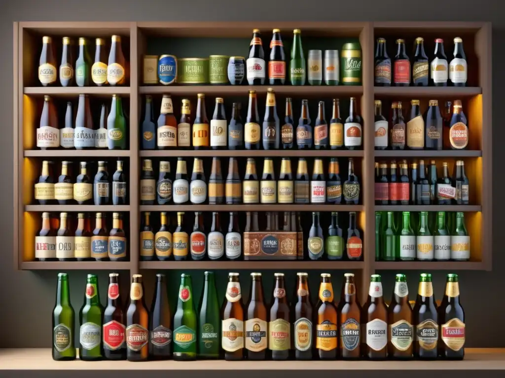 Selección de 1001 cervezas del mundo en un estante moderno, con etiquetas en varios idiomas