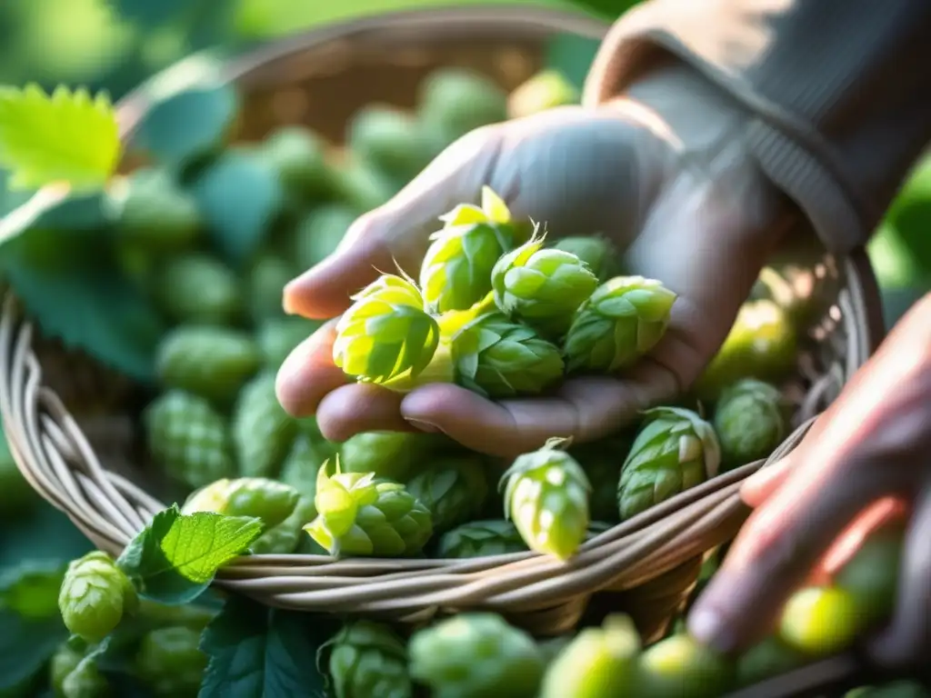 Mano del cervecero seleccionando lúpulo orgánico de forma precisa; producción Zero Waste