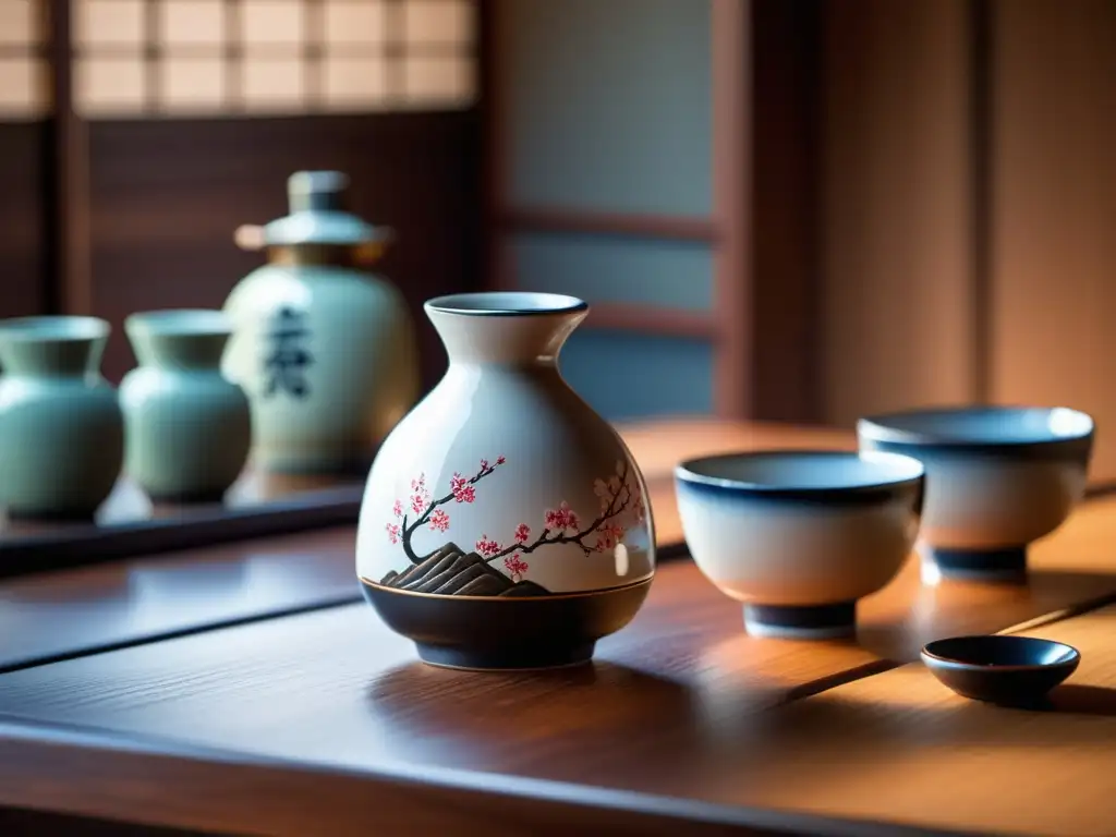 Juego de sake japonés en mesa de madera - Japón