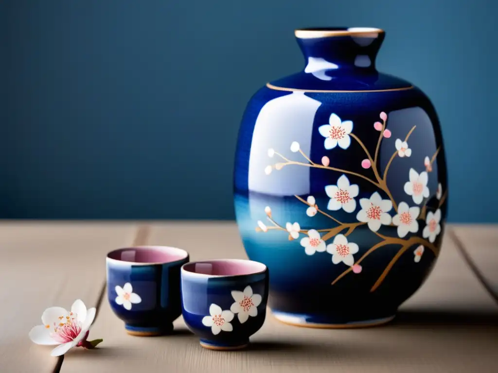 Juego de sake japonés con motivos de flores de cerezo, resalta la artesanía y la cultura oriental - Estilos del Mundo