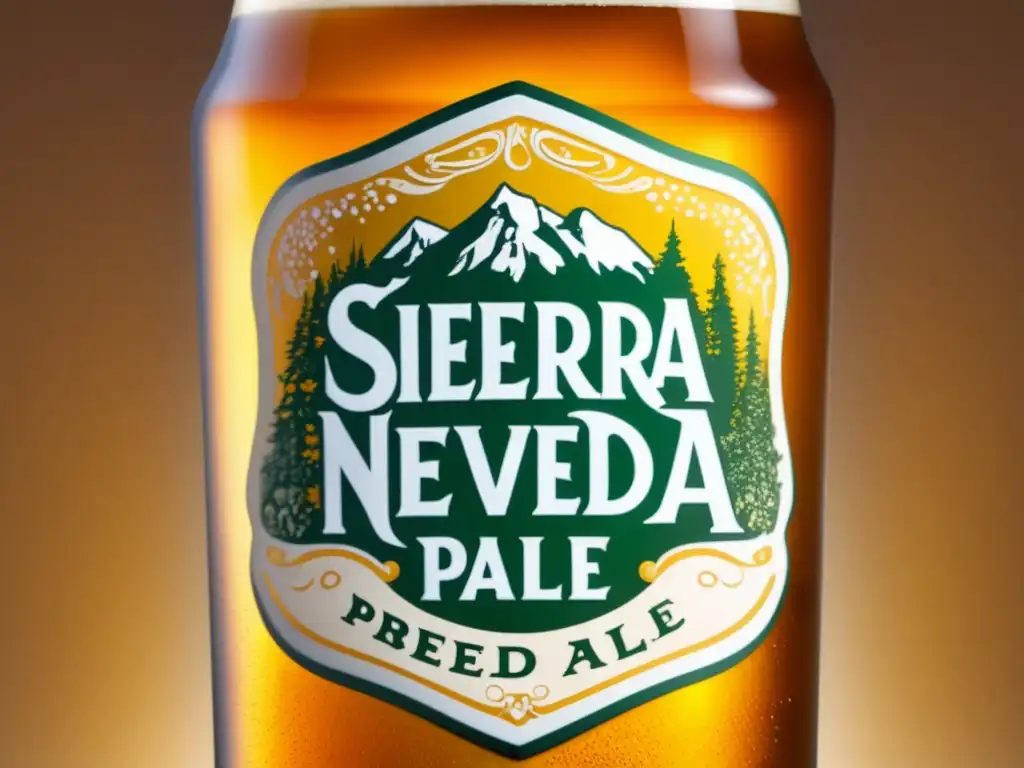 Imagen detallada de una cerveza Sierra Nevada Pale Ale recién servida en un vaso pint, con burbujas y espuma blanca