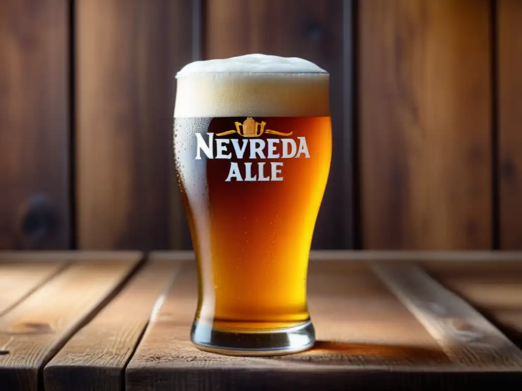 Detalle ultradetallado de una cerveza APA de Sierra Nevada, en un vaso de cristal sobre una mesa de madera rústica