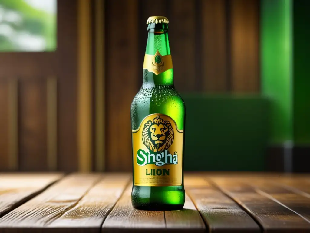 Singha cerveza helada, botella con gotas de condensación en vidrio verde, etiqueta detallada con el emblema del león Singha