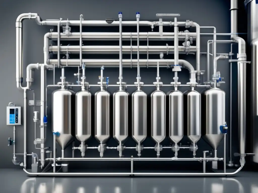 Detallado sistema de refrigeración de wort con tuberías, válvulas y tanques de acero inoxidable y vidrio transparente