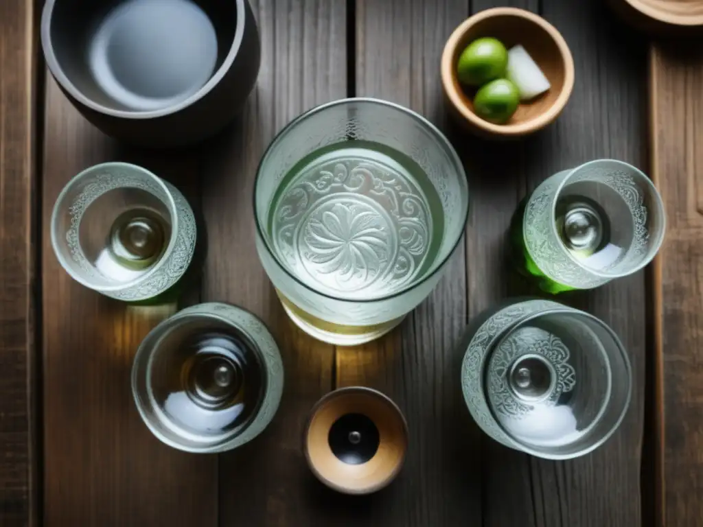 Detalle de un vaso de soju claro y sin color, en una mesa de madera rústica