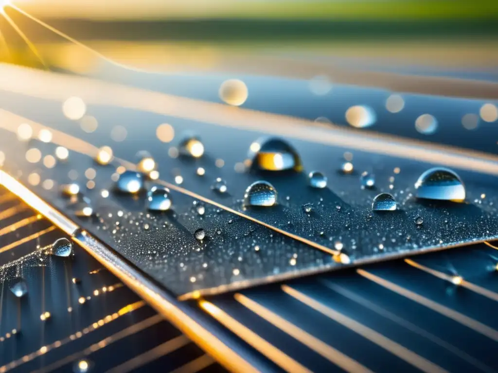 Panel solar con gotas de rocío resaltando la belleza y pureza de la energía renovable