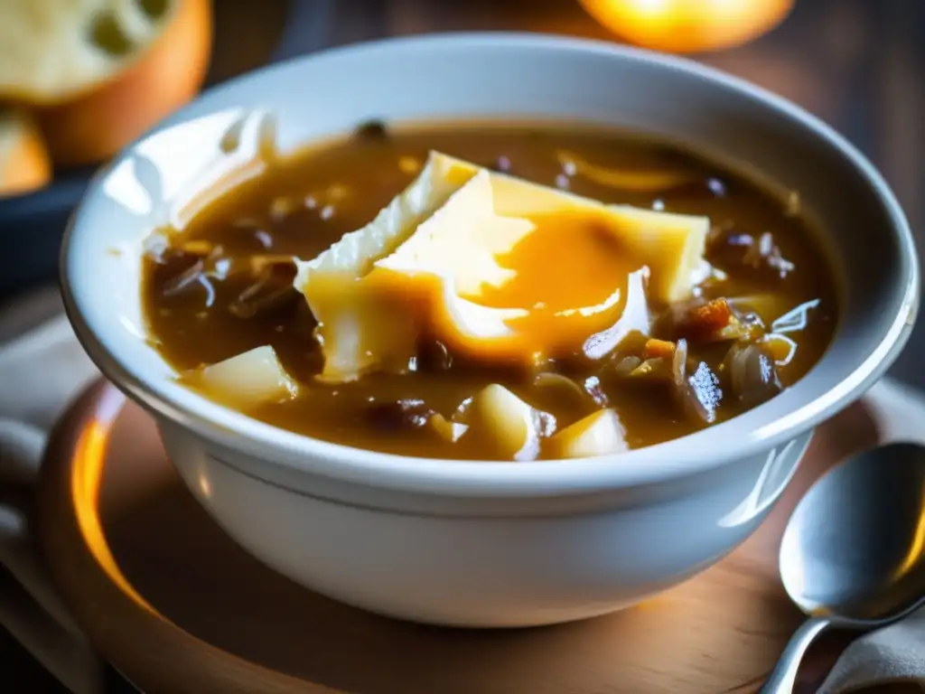 Deliciosa sopa de cebolla caramelizada con lager y queso derretido