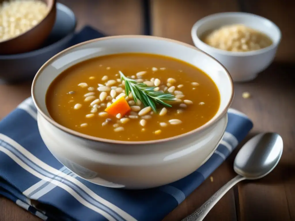 Deliciosa sopa de cebada y ale escocesa, con cerámica rústica, toques elegantes, textura y calidez