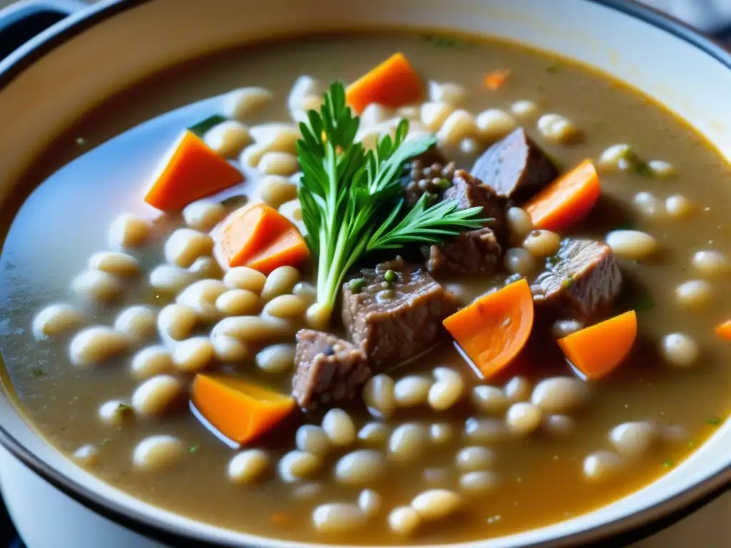 Sopa escocesa de cebada, carne tierna, vegetales y ale -