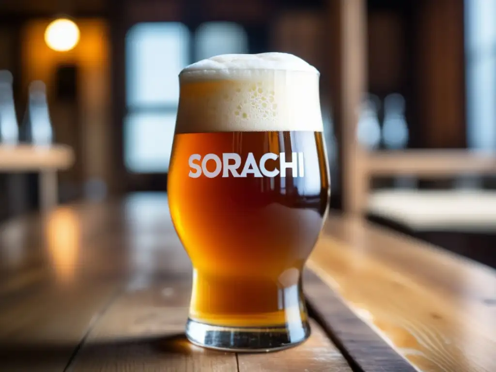 Detallada imagen de una cerveza Sorachi Ace Farmhouse Ale dorada con espuma blanca en vaso sobre mesa de madera rustica