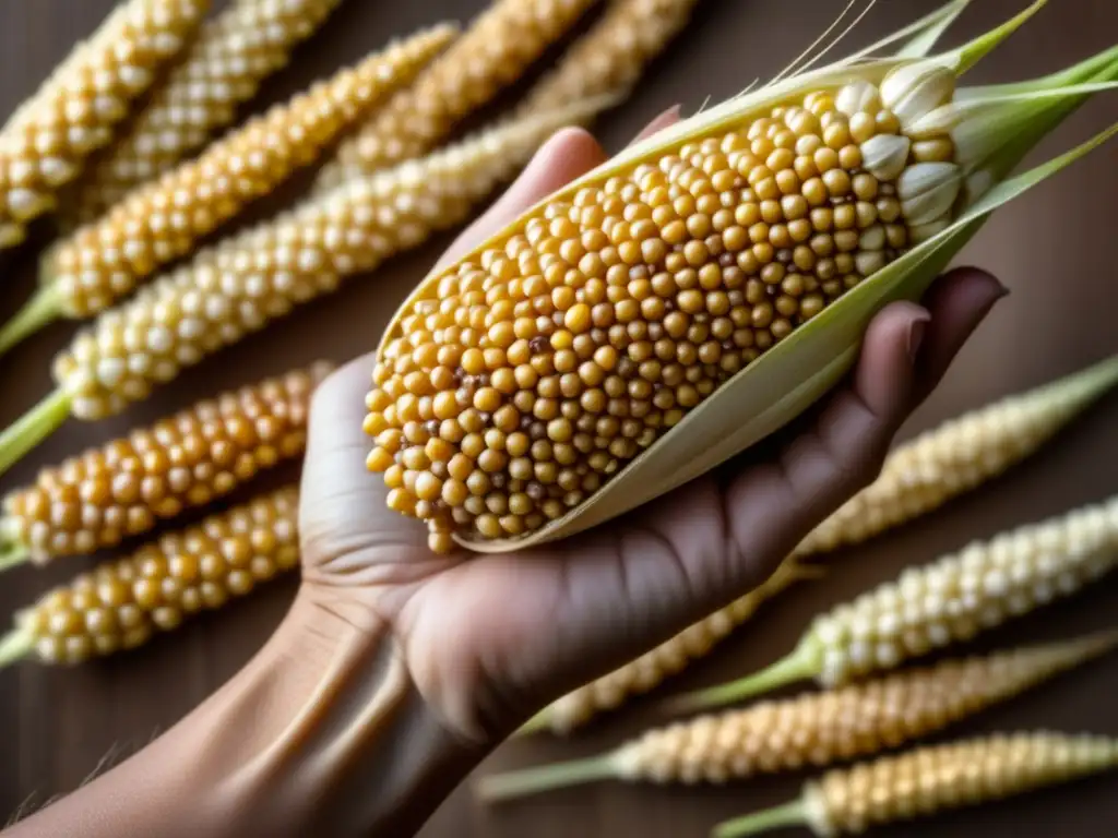 Mano sosteniendo granos de sorgo dorados, resaltando su textura y forma únicas