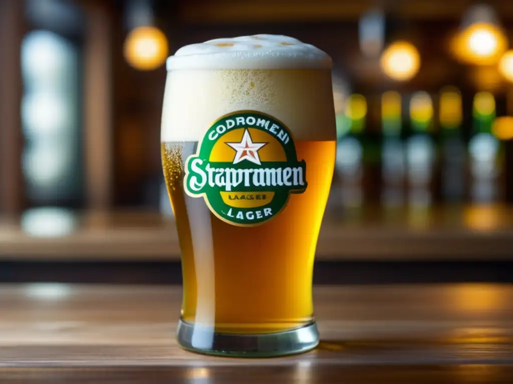 Vaso de Staropramen Czech Lager, cerveza dorada con espuma cremosa en un pub checo tradicional