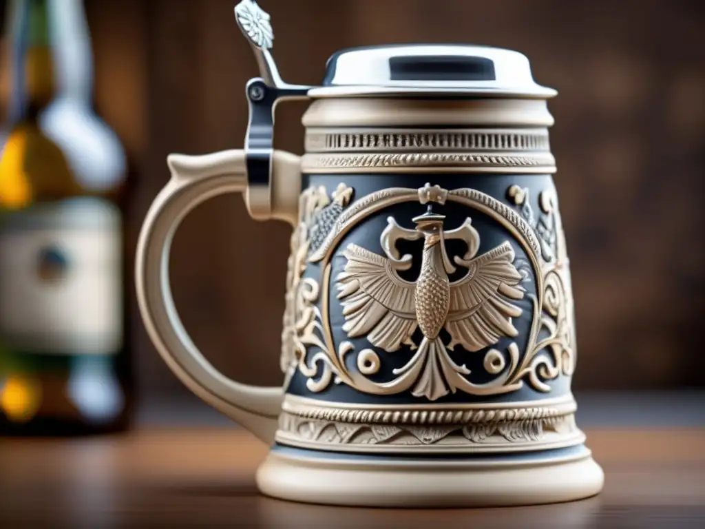 Stein alemán tradicional, detallado y elegante con diseño cultural y el Mito del Reinheitsgebot